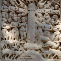 Ashoka with his two Queens visiting the Deer Park Sanchi Stupa 1 Southern Gateway.jpg